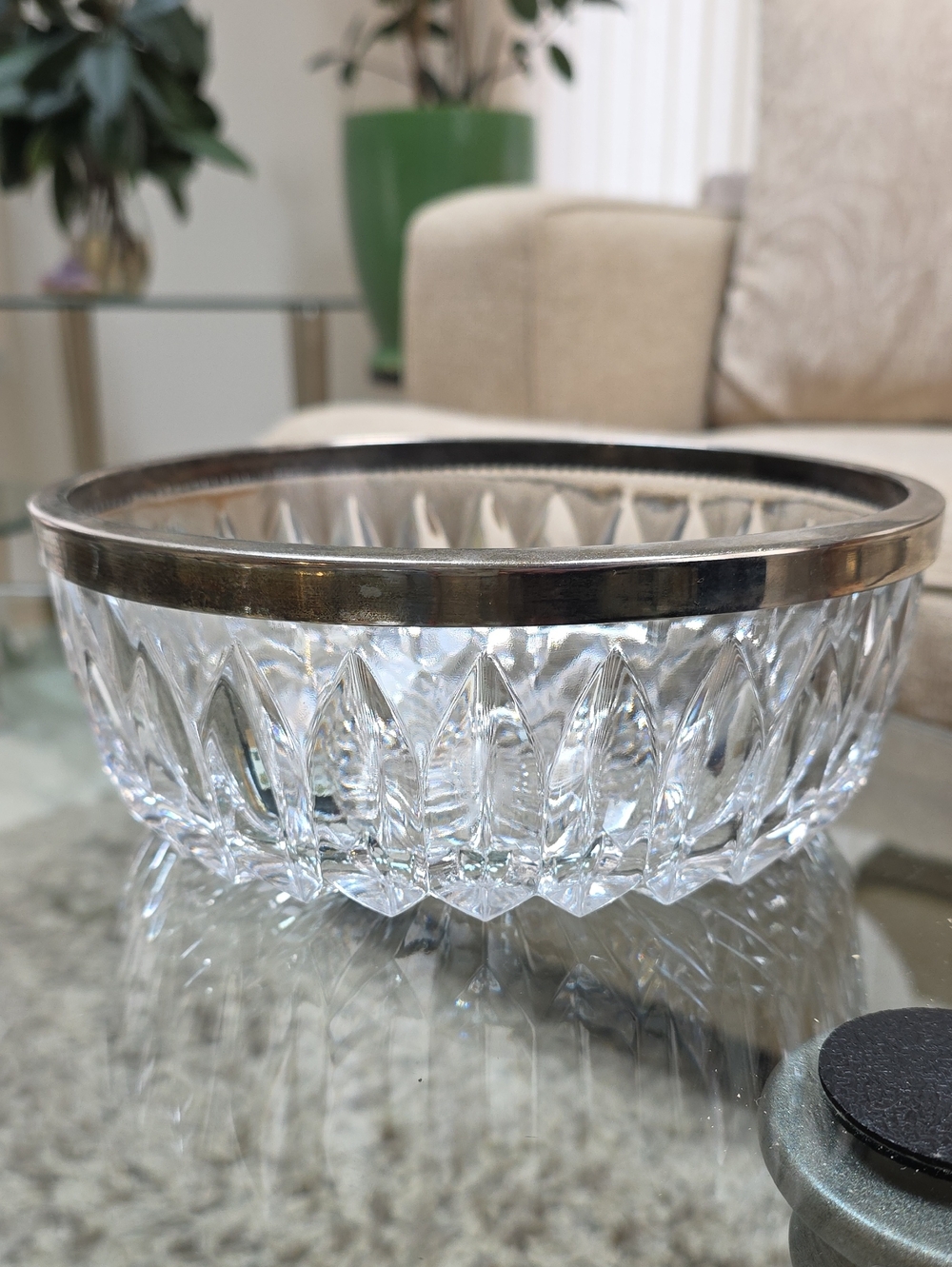 Vintage Fluted Heavy Lead Crystal Serving Bowl W/ Starburst Design, Metal Rim